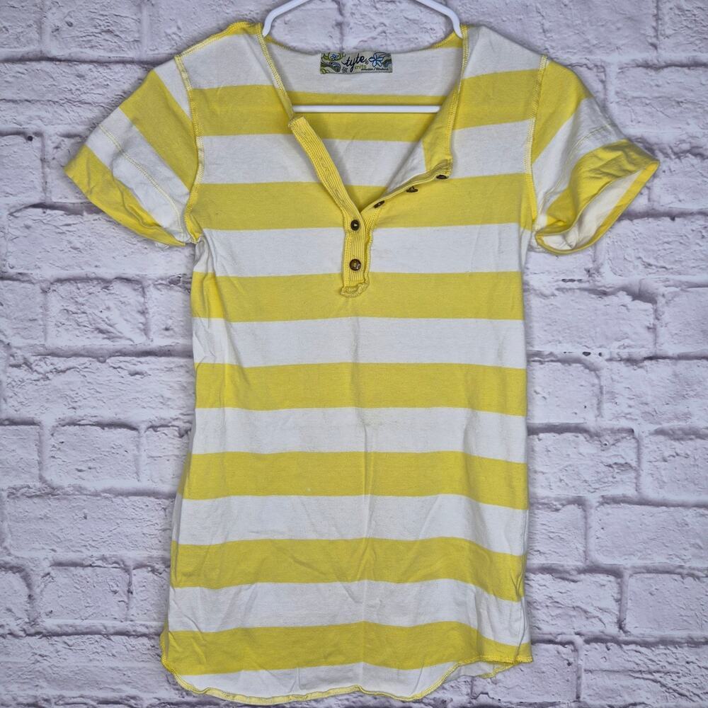 Vintage Y2K Tyte Knits Striped Henley Top Yellow White Ribbed Short Sleeve Large